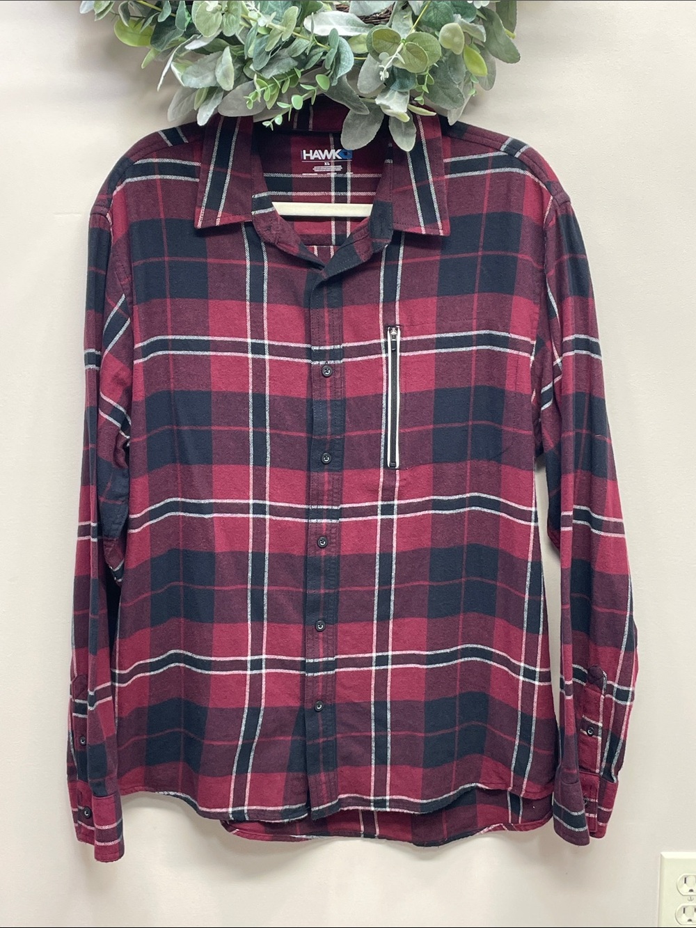 Tony Hawk Plaid Flannel Button Down Long Sleeve Shirt Zipper Chest Pocket XL